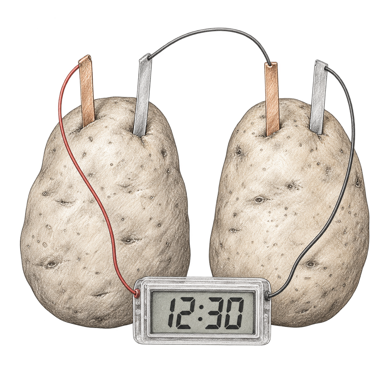 Boceto de dos patatas conectadas mediante electrodos y cables a un reloj digital; patatas no incluidas