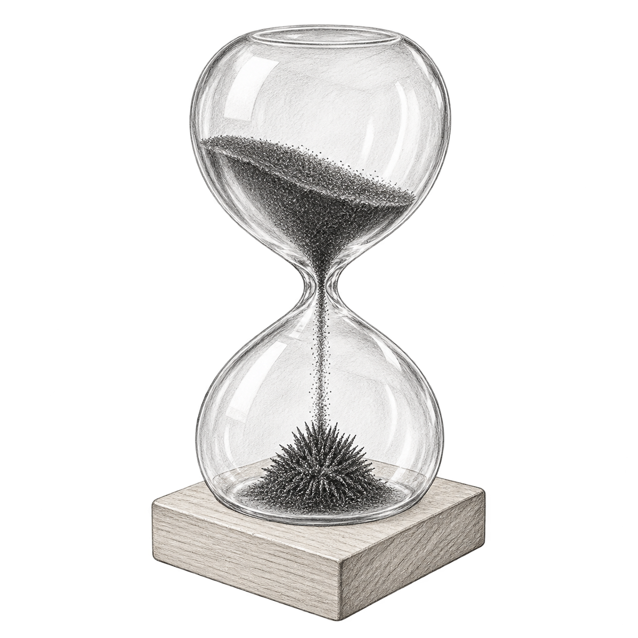 Boceto de un reloj de arena de vidrio con polvo magnético formando puntas sobre una base cuadrada de madera