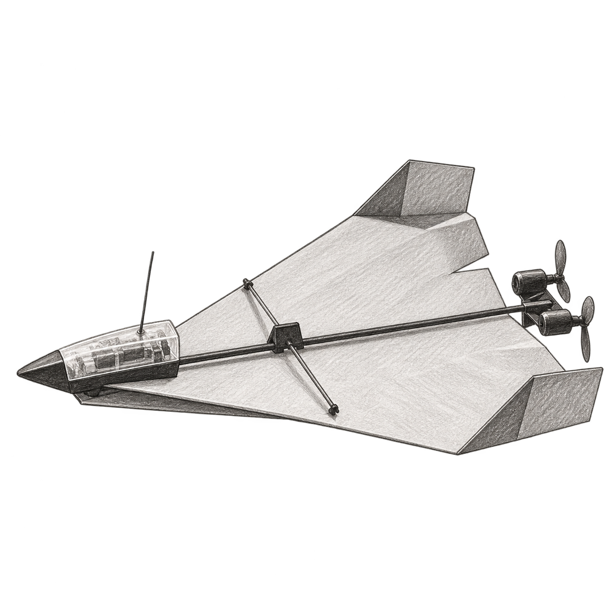 Boceto ilustrativo a lápiz: Avión PowerUp 4.0