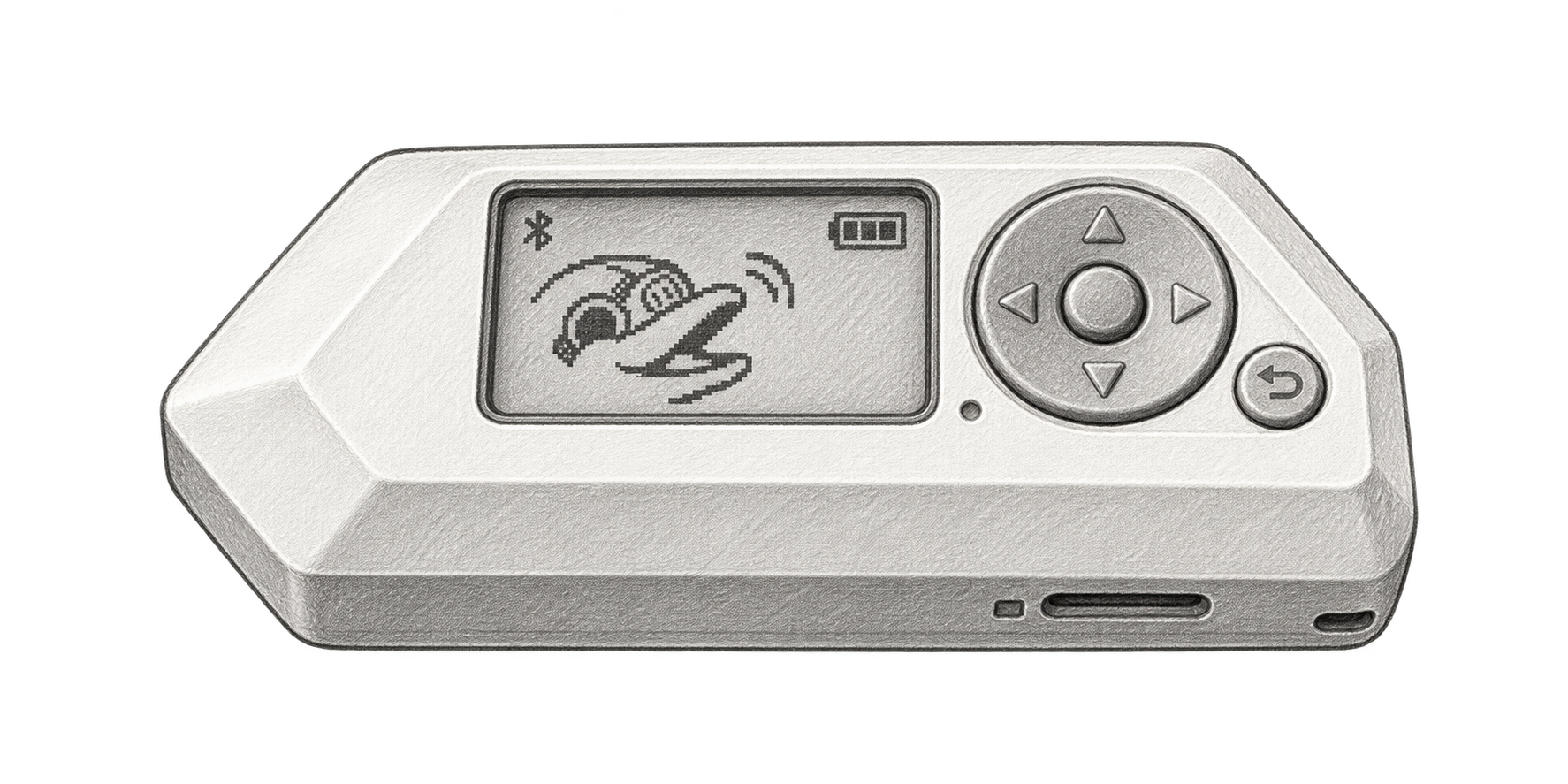 Boceto ilustrativo a lápiz: Dispositivo Flipper Zero con pantalla y cruceta