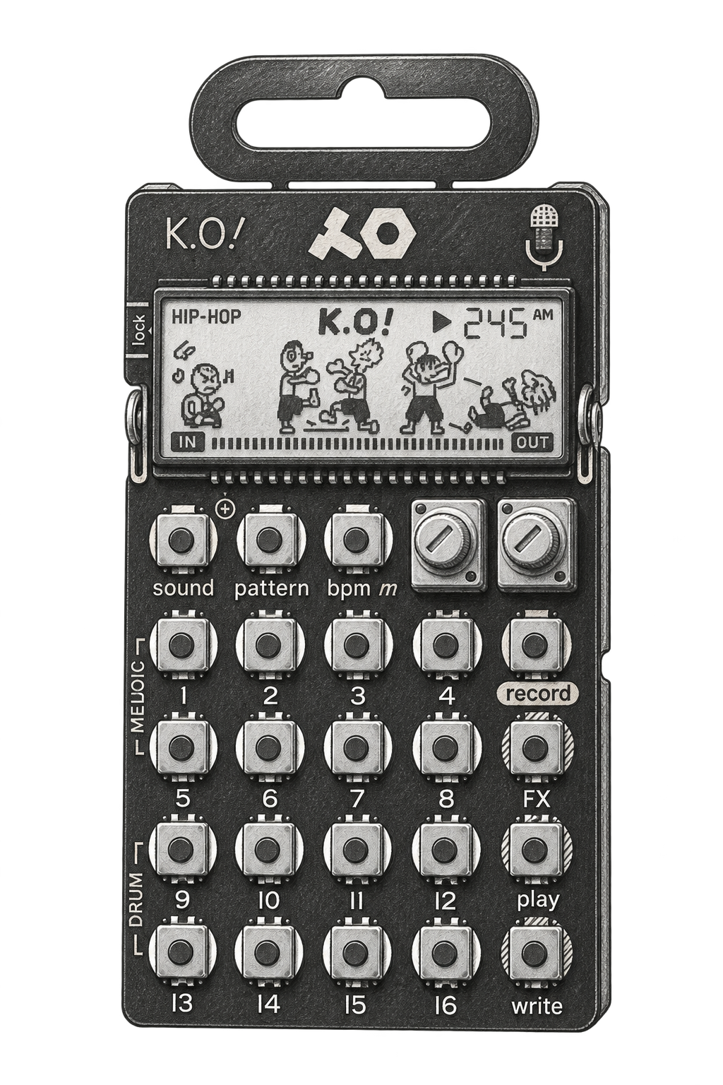 Boceto ilustrativo a lápiz: Sampler Teenage Engineering PO-33 K.O!