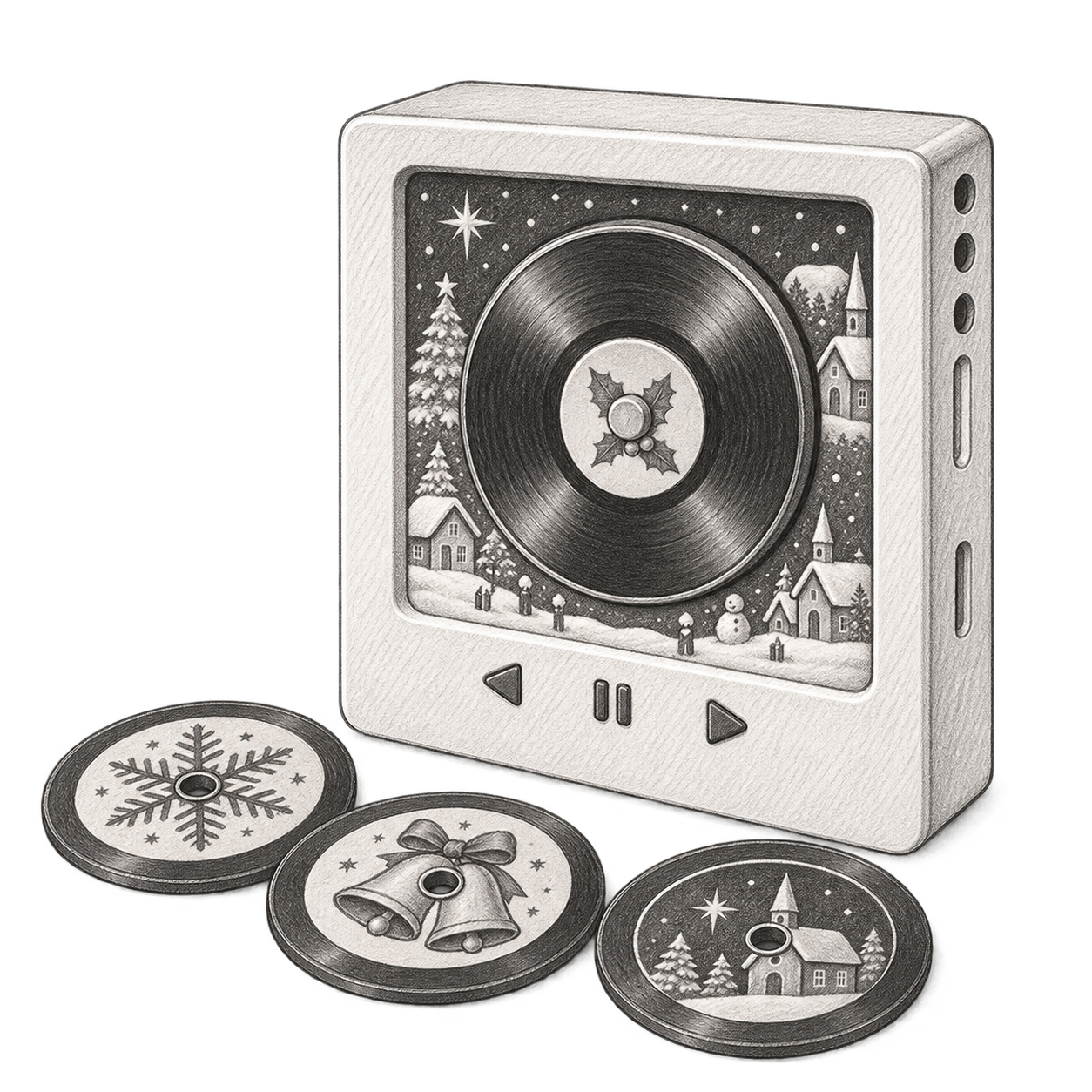 Boceto ilustrativo a lápiz: Mini tocadiscos magnético para nevera